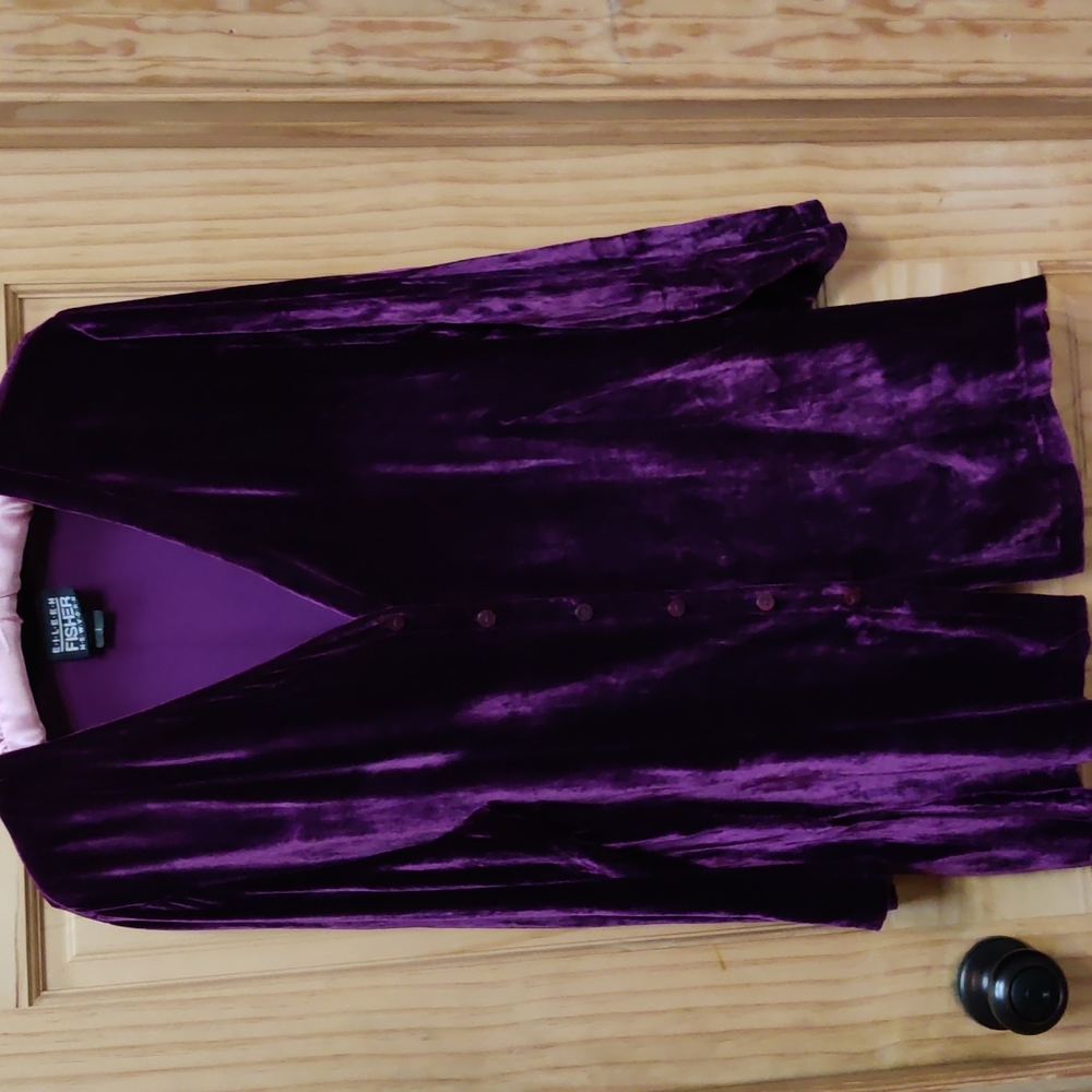 Eileen Fisher Rayon Silk Velvet Button up Tunic, Jacket, Wine Burgundy Large